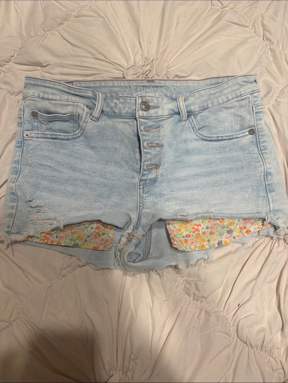 American Eagle Outfitters Light Wash Button-Fly Denim Shorts with Floral Liner